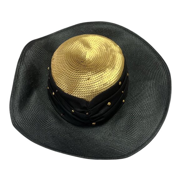 Vtg Whittall & Shon Black Wide-Brim Hat with Gold Sequin Crown & Studded Band - Picture 2 of 4